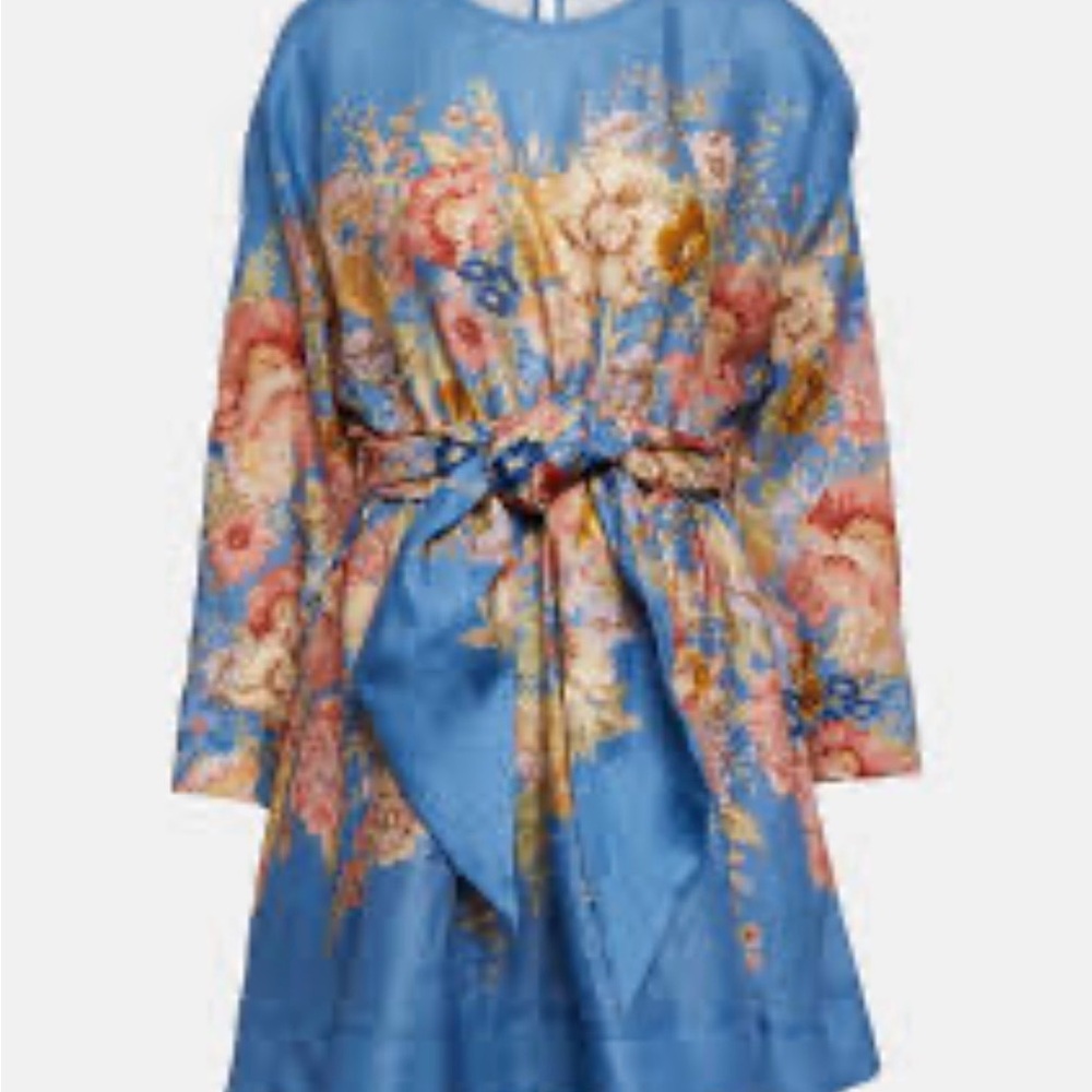 Zimmermann August Floral MiniDress in Dusty Blue Linen